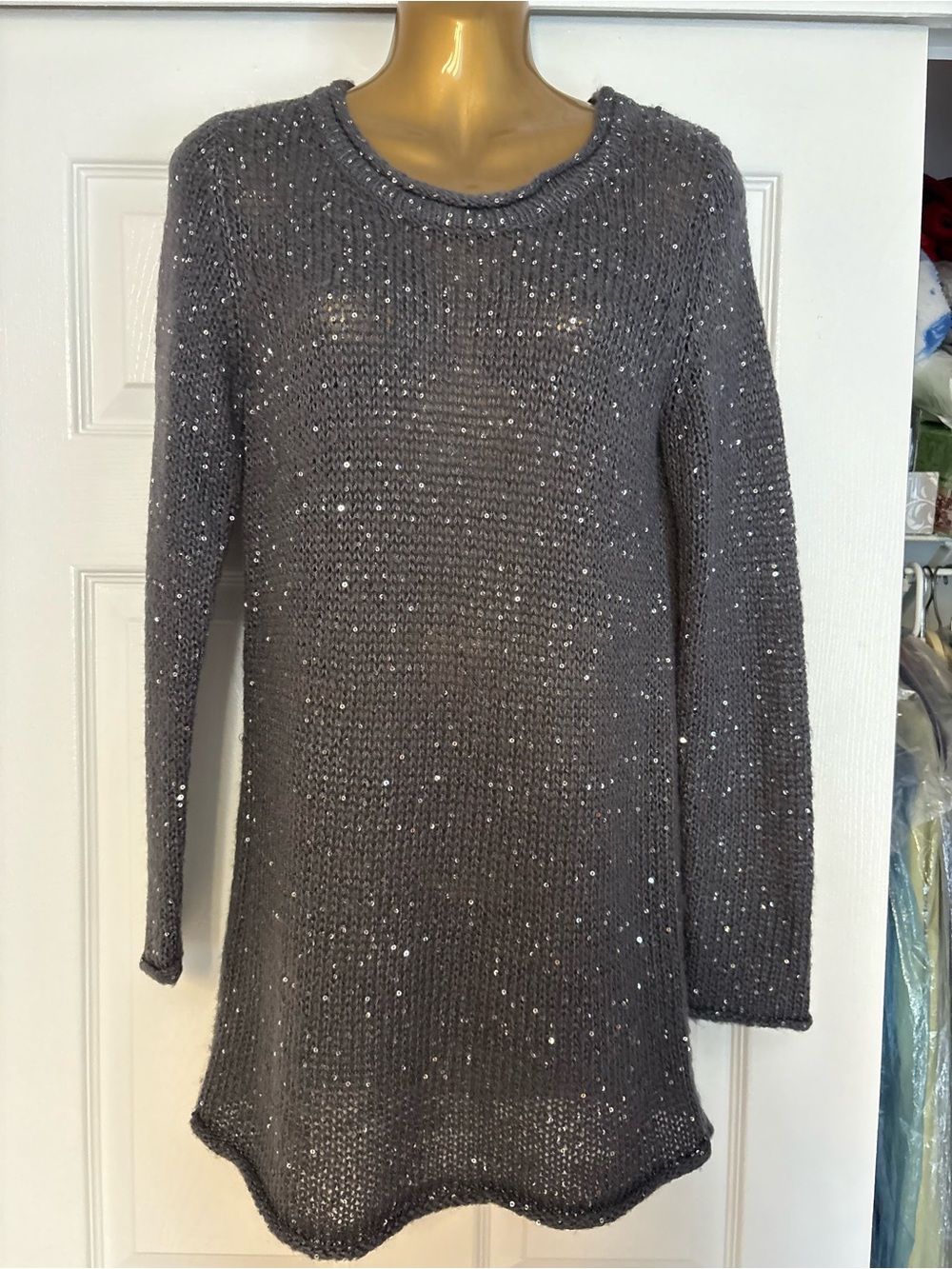Gray Sequin Crewneck long Sweater
